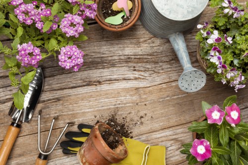 Close-up of soft landscaping materials including soil, mulch, and young shrubs