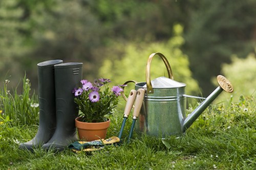 Well-organised landscaping project with safety equipment and tools